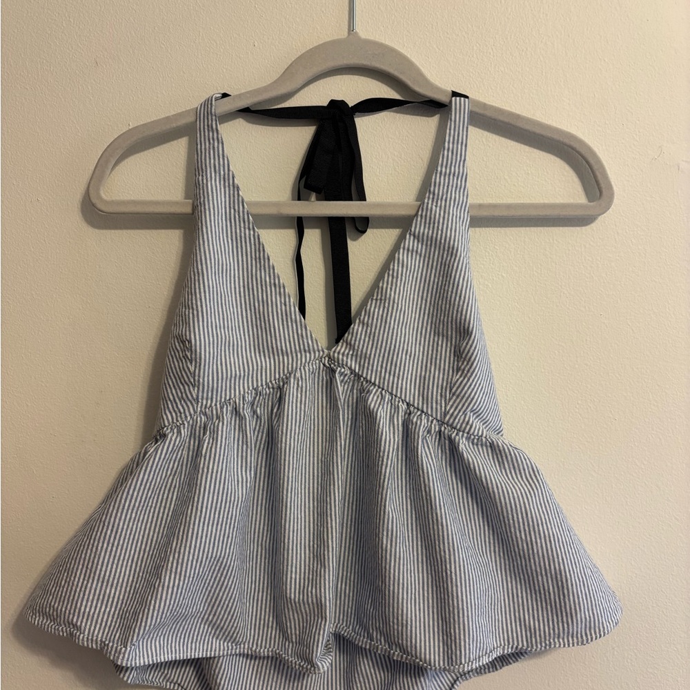 Zara Blue and White Striped Halter Peplum Top with Black Tie